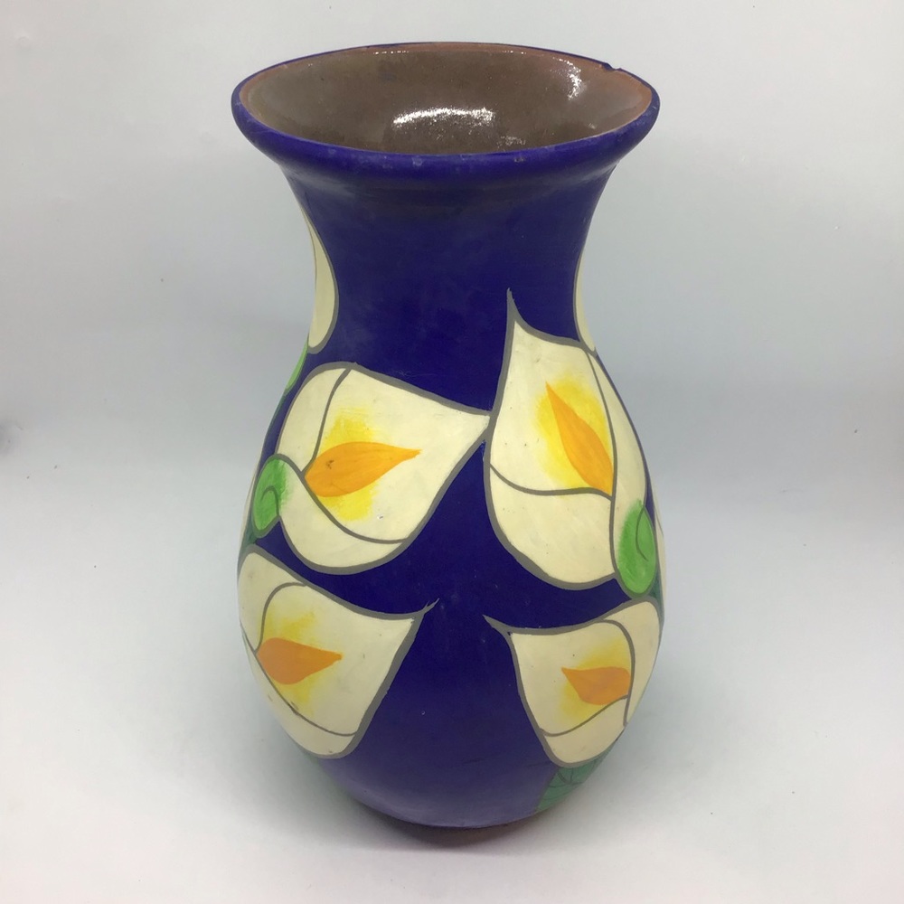 Vtg Mexican Blue Calla Lily Flower Hand Painted Red Clay Vase Pottery Folk Art - Picture 5 of 7